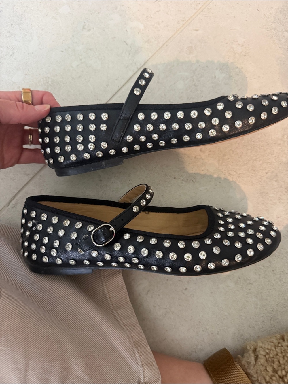 Steve Madden Black Studded Mary Jane Flats with Crystal Accents